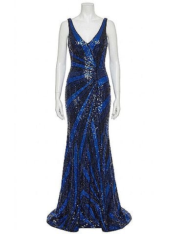 Jovani V-Neck Gown With Front Drape Detail in Blue (view 1)