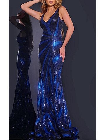 Jovani V-Neck Gown With Front Drape Detail in Blue (view 2)