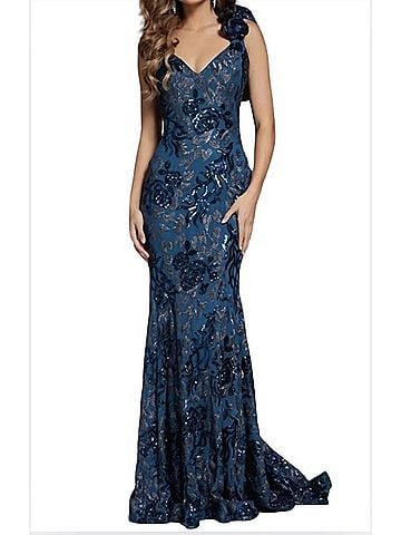 Jovani One Shoulder Sequin Gown in Navy (view 2)