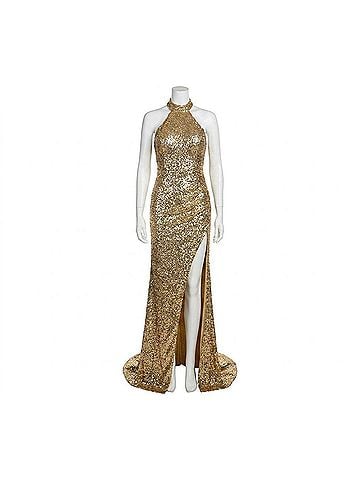Jovani Sleeveless Sequin Halter Gown in Gold (view 1)