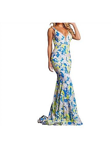 Jovani V-Neck Sequin Dress in Yellow/Blue Floral (view 2)
