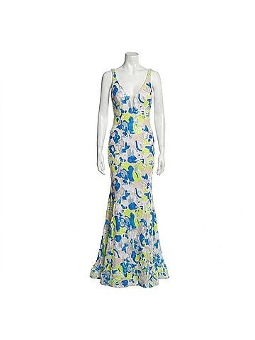 Jovani V-Neck Sequin Dress in Yellow/Blue Floral (view 1)