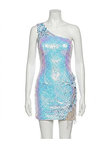 Jovani Sequin One Shoulder Cocktail Dress in Lilac (view 1)