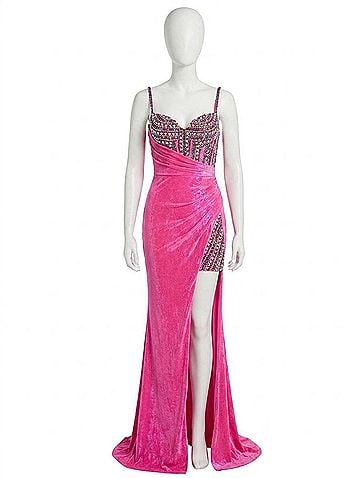 Jovani Beaded Corset With High Slit Gown in Pink (view 1)
