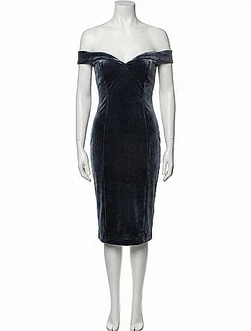 Jovani Off The Shoulder Knee Length Dress in Deep Navy (view 1)