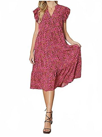 Entro Floral Tiered Ruffle Midi Dress in Burgundy (view 2)