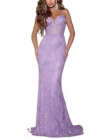 Jovani Sweetheart Lace Gown With Corset Bodice And Lace-Up Back in Lilac (view 2)