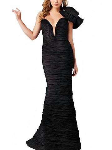 Jovani One Shoulder Fitted Crushed Gown in Black (view 2)