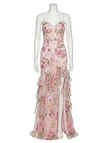 Jovani Floral Embroidered Gown With Sheer Corset Bodice in Pink (view 1)