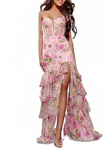 Jovani Floral Embroidered Gown With Sheer Corset Bodice in Pink (view 2)
