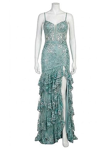 Jovani Spaghetti Strap Gown With Beaded Bodice And High Slit in Sage (view 1)