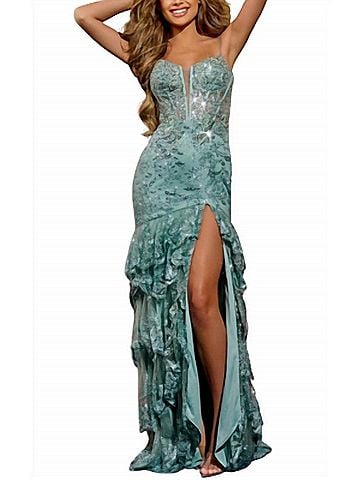Jovani Spaghetti Strap Gown With Beaded Bodice And High Slit in Sage (view 2)