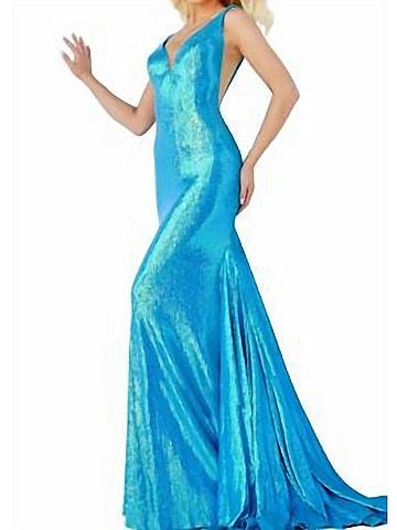 Jovani Long Plunging Prom Gown in Royal (view 2)