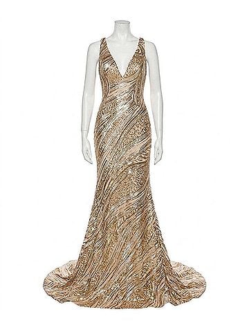 Jovani Sequin Mermaid Prom Dress in Nude Silver Gold (view 1)