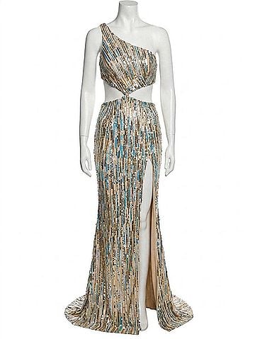 Jovani Madeline Long Formal Prom Dress in Nude/Gold (view 1)