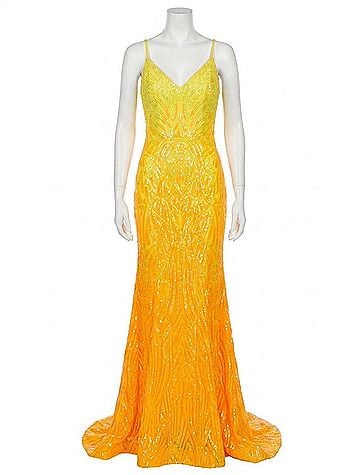 Jovani V Neck Sequin Prom Dress in Yellow/Orange (view 1)