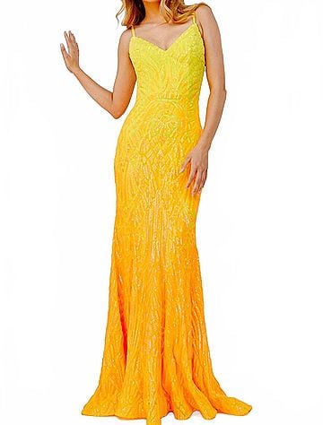 Jovani V Neck Sequin Prom Dress in Yellow/Orange (view 2)