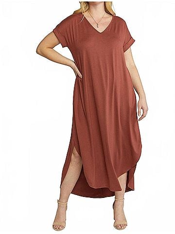 Entro Jersey Knit V Neckline Maxi Dress With Pockets in Marsala (view 2)