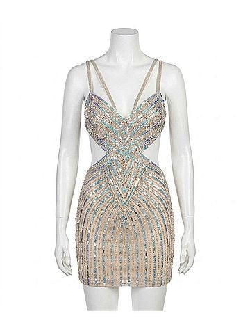 Jovani Sequin Cut Out Mini Dress in Nude/Silver (view 1)