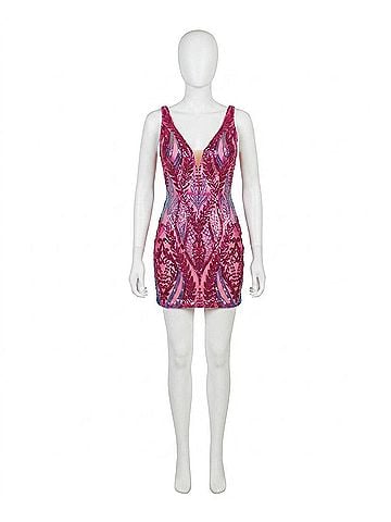 Jovani Sequin Short V-Neck Dress in Iridescent Hot Pink (view 1)