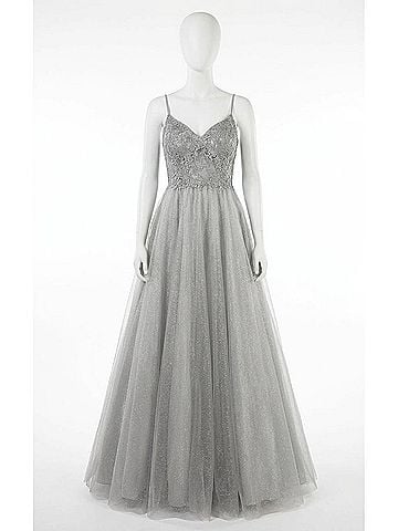 Jovani Prom Long Spaghetti Strap Metallic Ball Gown in Silver (view 1)