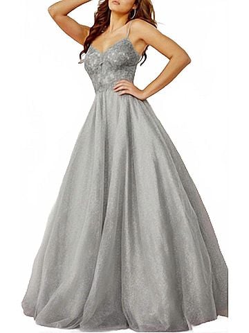 Jovani Prom Long Spaghetti Strap Metallic Ball Gown in Silver (view 2)