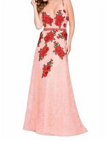 Jovani Lace Embroidered Dress in Peach/Red (view 2)