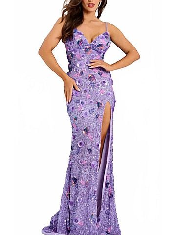 Jovani Sequin Gown With 3D Floral Appliqu in Lilac Multi (view 2)