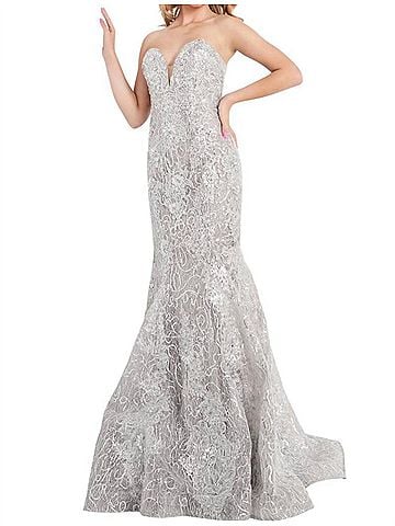 Jovani Strapless Embellished Mermaid Prom Dress in Silver (view 2)