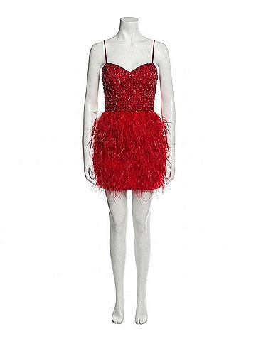 Jovani Sheer Bodice Feather Skirt Dress in Red (view 1)