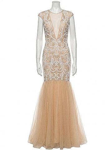 Jovani Cap Sleeve Mermaid Gown in Nude (view 1)