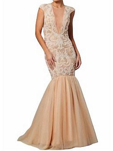 Jovani Cap Sleeve Mermaid Gown in Nude (view 2)
