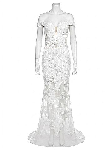 Jovani Tulle Off Shoulder Sheer Gown in White (view 1)