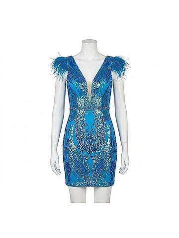 Jovani Feather Trim Sequin Cocktail Dress in Blue (view 1)