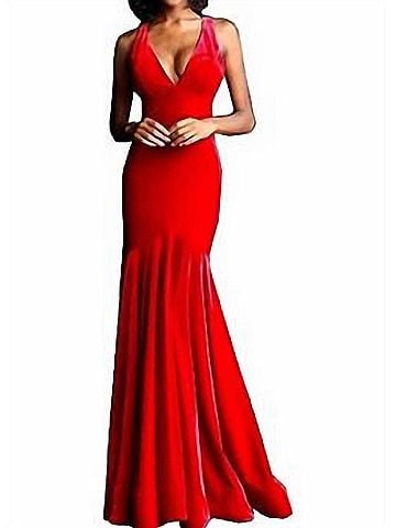 Jovani Velvet Open Back Long Dress in Red (view 2)
