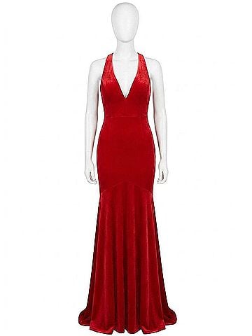 Jovani Velvet Open Back Long Dress in Red (view 1)