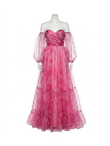 Jovani Off Shoulder Flounce Sleeve Prom Dress in Fuchsia Pink (view 1)