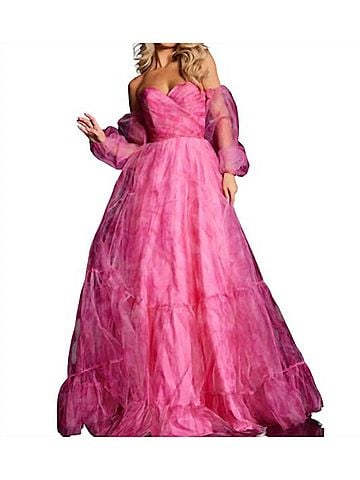 Jovani Off Shoulder Flounce Sleeve Prom Dress in Fuchsia Pink (view 2)