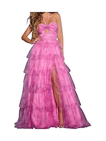 Jovani Halter Neck Cut Out Gown in Pink (view 2)