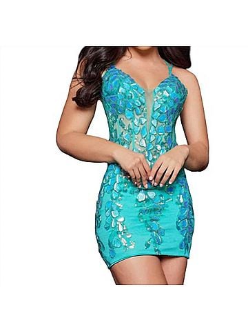 Jovani V-Neck Cocktail Dress in Green (view 2)