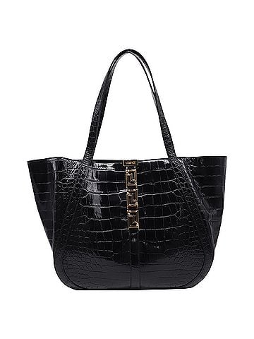 Versace  Versace Large Greca Goddess Croc-Embossed Tote Bag in Black Leather (view 1)