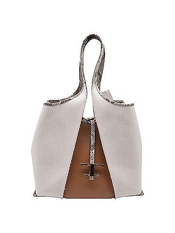 Tod's Tod's Medium T Timeless Snakeskin-Trimmed Tote Bag in White Canvas (view 1)