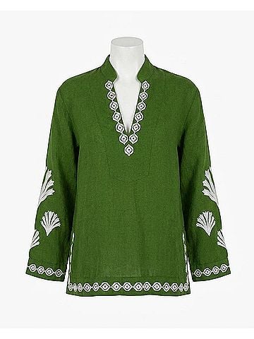 Jude Connally Elyce Embroidered Linen Top in Garden Green/White (view 1)