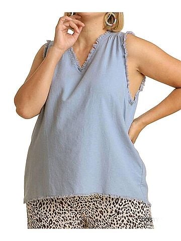 Umgee V-Neck Sleeveless Top With Frayed Hem Plus in Dusty Blue (view 2)