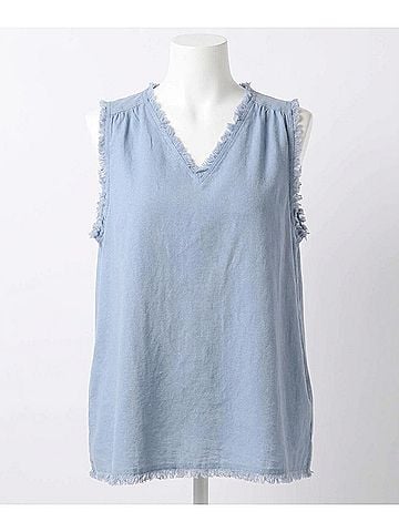 Umgee V-Neck Sleeveless Top With Frayed Hem Plus in Dusty Blue (view 1)