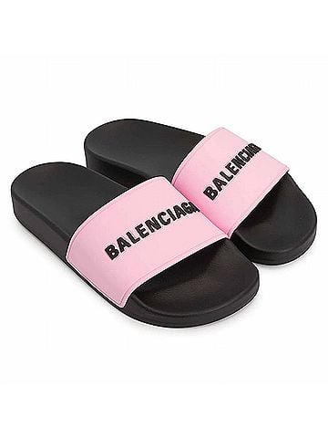 Balenciaga Women's Pool Slides With Logo in Pink/Black/Black (view 2)