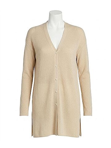 Lafayette 148 New York Ribbed Side-Slit Cotton Cardigan in Pebble (view 1)