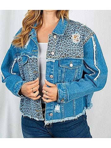 White Birch Leopard Frayed Denim Jacket in Blue (view 2)