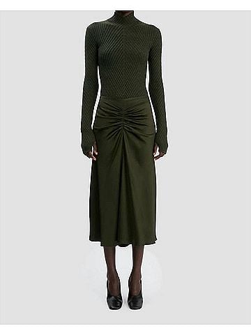 Victoria Beckham Gathered Waist Midi Skirt in Dark Olive (view 2)