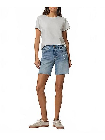 Kut from the Kloth Hailey High Rise Denim Shorts Medium Wash Distressed Raw Hem in Blue (view 2)